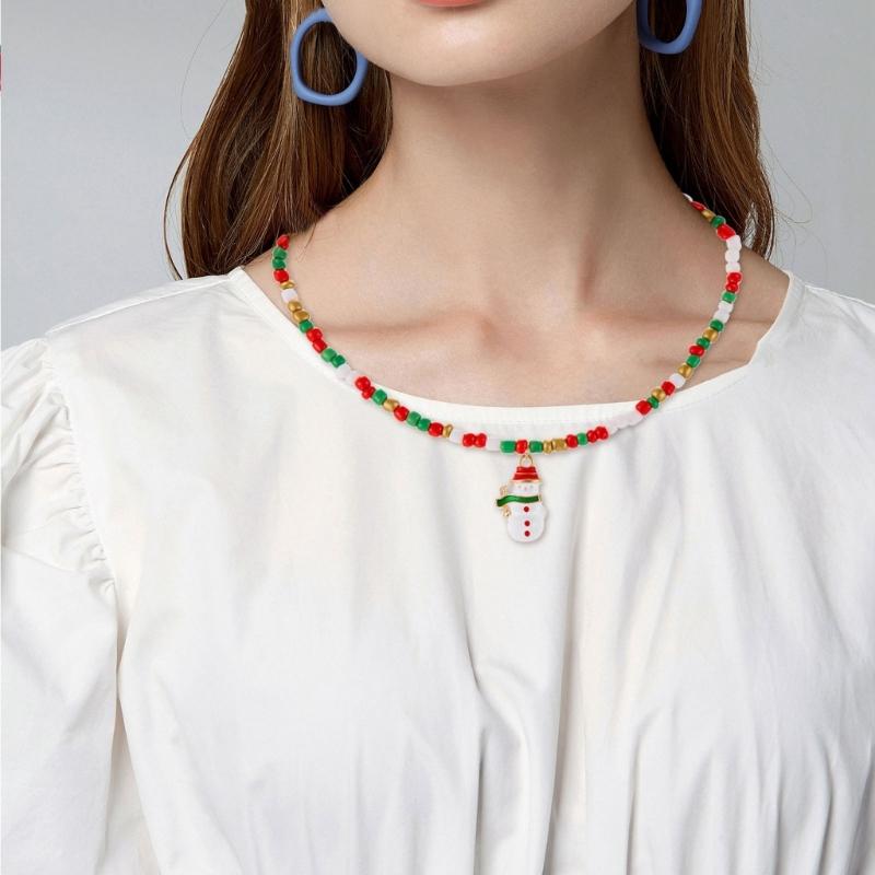 Santa Claus Christmas Tree Pendant Necklace Beads Jewelry Elegant Holiday Gift For Women’s Festive Occasion Outfits