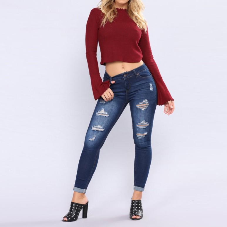 Euro-American High-Waisted Ripped Stretch Skinny Jeans for Women M
