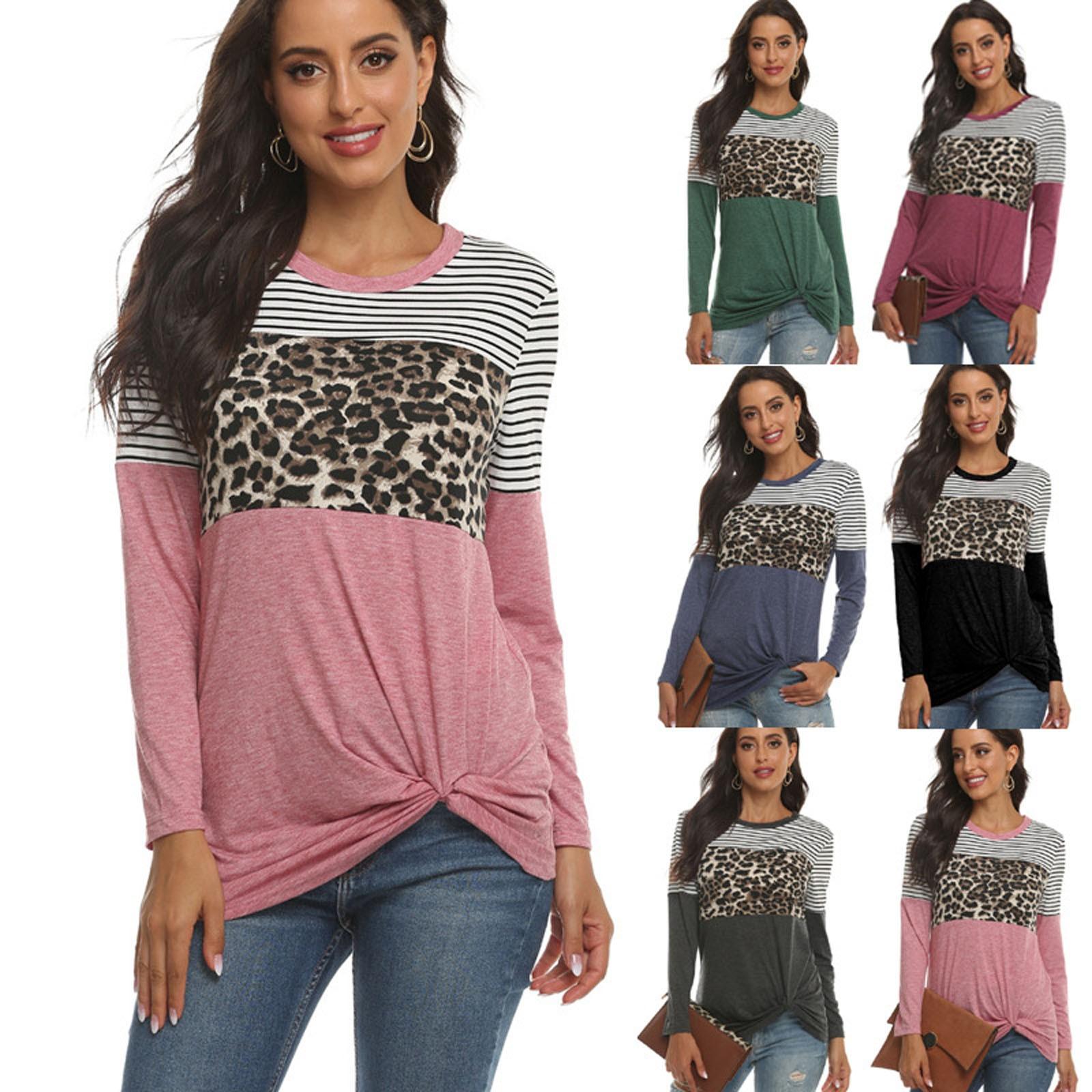 

Women Striped Leopard Spliced Long Sleeve Twisted Hem Top