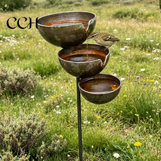 Frost Resistant Garden Stake Metal Bird Bath Rustic Vintage Rain Catcher with 3-Tiered Balcony And Feeder Bowls Outdoor Bee Watering Station