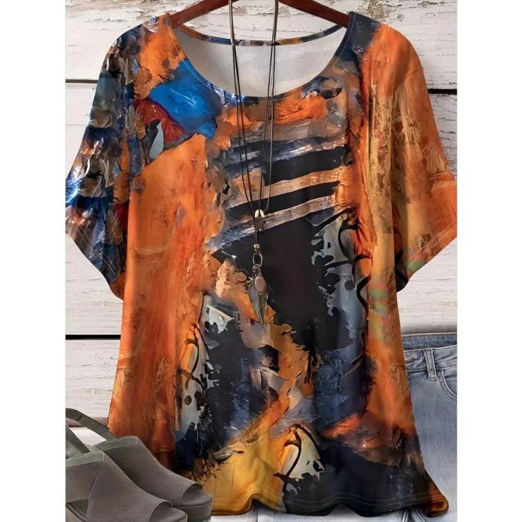 Women Plus Size Floral Print T-Shirt Relaxed Fit Short Sleeve Vibrant Pattern Spring Summer Outings Casual Comfortable Top