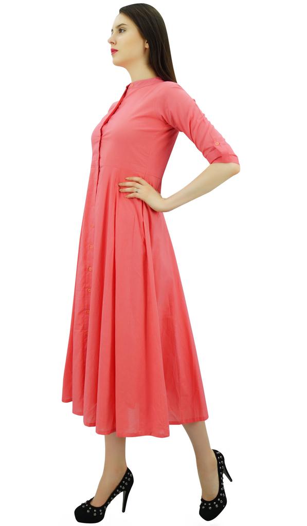 Bimba Women's Cotton Dress Roll Up Sleeves Mandarin Collar Button Down Mid-Calf Shirt