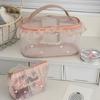 Cute Ruffle Love Embroidery Mesh Makeup Bag, Lightweight Portable Travel Cosmetic Storage Pouch