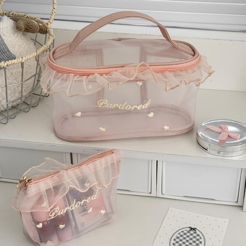 Cute Ruffle Love Embroidery Mesh Makeup Bag, Lightweight Portable Travel Cosmetic Storage Pouch