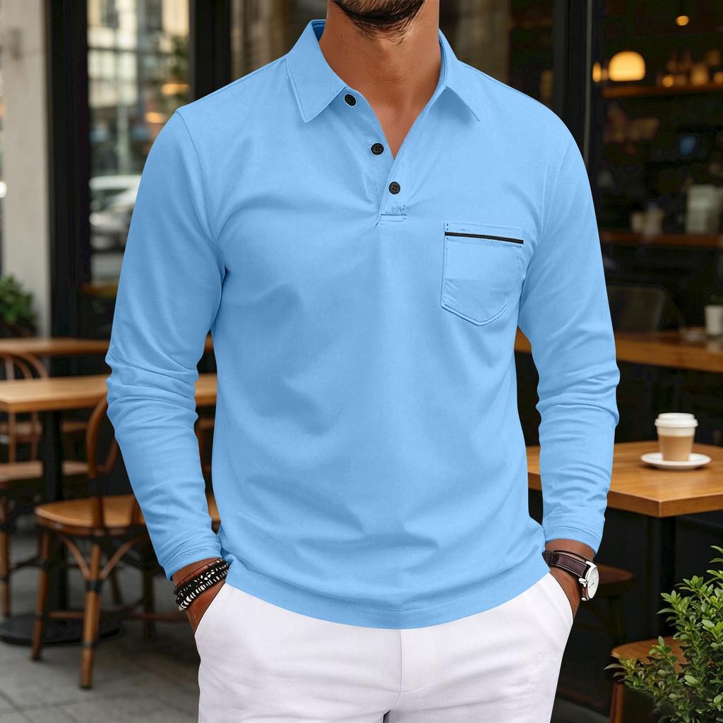 Men's Casual Long Sleeve V-Neck Button Front Shirt with Pocket