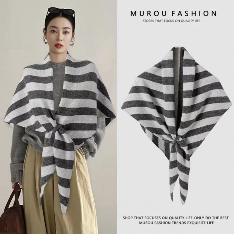 

Женский роскошный шерстяной полосатый треугольный кардиган-шаль - Супер теплая зимняя верхняя одежда 190*128 серый