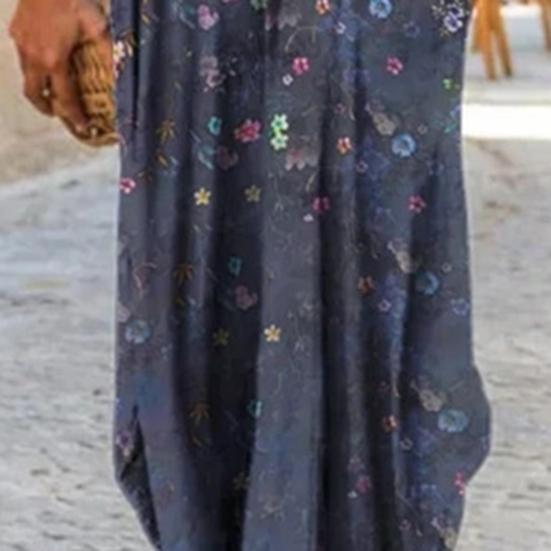 Mode Frauen Kleid Rundhals Kurzarm Taschen Floral Print Lose Maxi