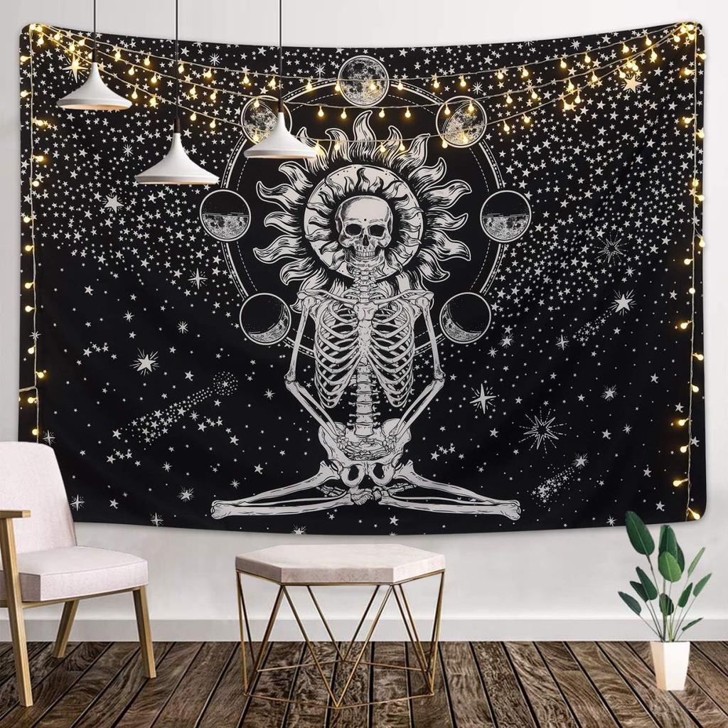 Vikama Gothic Skull Tapestry Wall Hanging In Black White Minimalist For Bedroom Decor