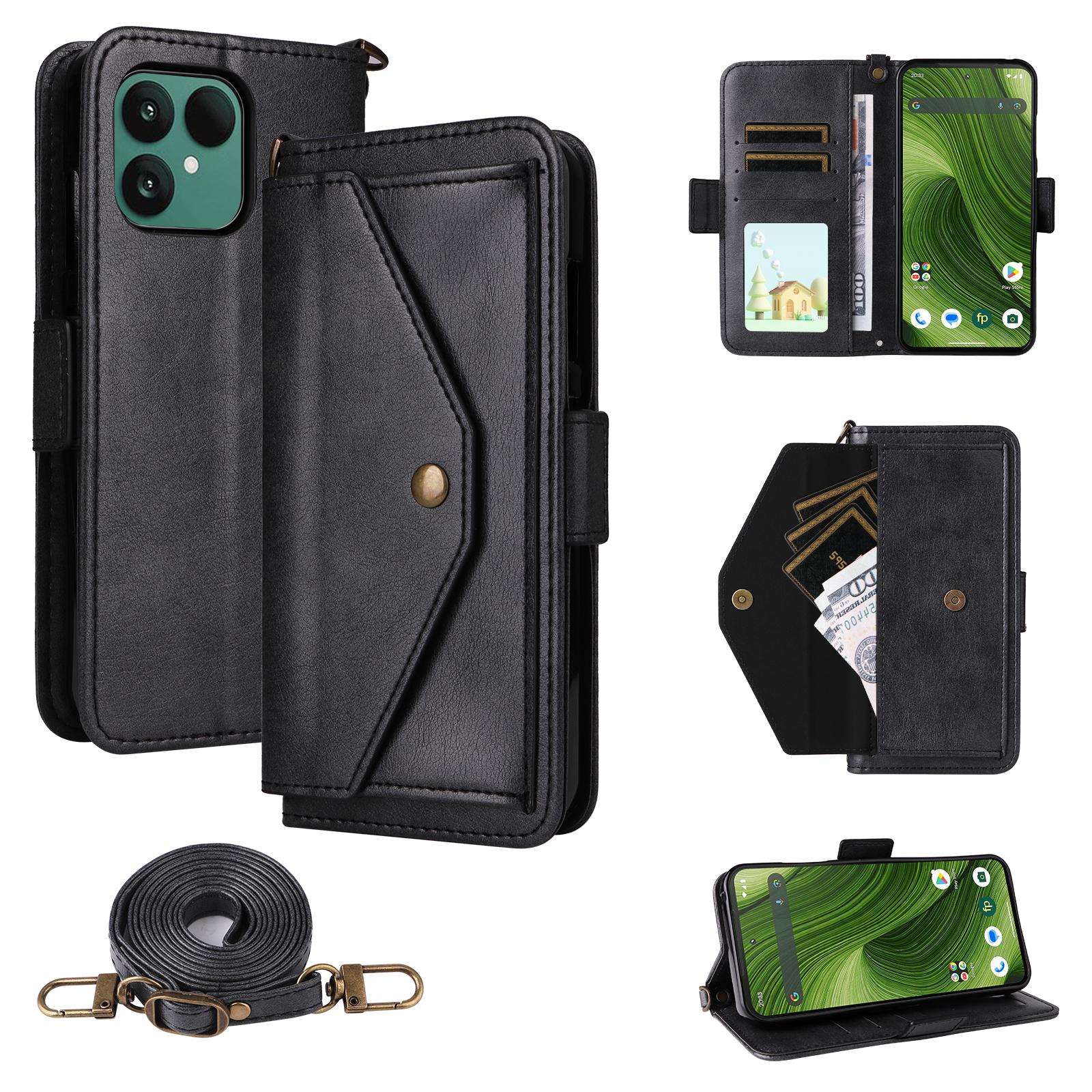 

Кожаный чехол для Fairphone 6 с магнитной застежкой, кошелек-подставка, чехол для телефона с ремешком через плечо Black