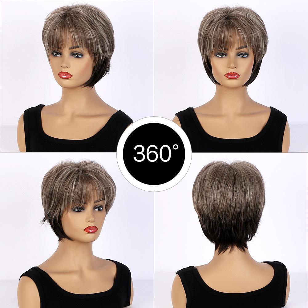 Parrucche Sintetiche Corte Nere Ondulate da Donna Stiloso Capelli Misti Biondo Castano Stratificati con Frangia per Uso Quotidiano Festa Costume Fibra Resistente al Calore