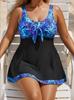 Plus Size European & American Two-Piece Swimsuit: Blue Leaf Print Tankini with Swim Skirt & Patchwork Briefs