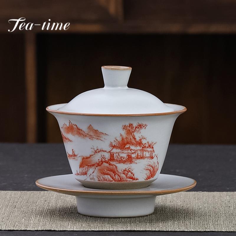 160 ml Retro Ru Porzellan Alaun Rot Gaiwan Keramik Suppenterrine mit Deckel Tee Terrine Teezubereitung Deckel Schüssel Cha Zubehör Dekoration