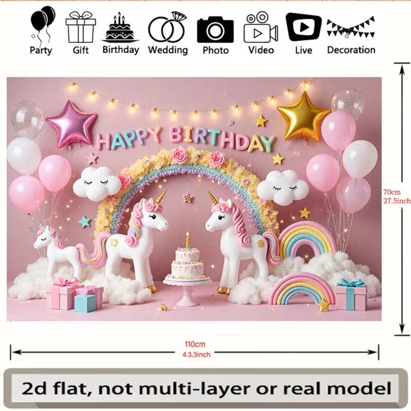 2D Cute Unicorn Birthday Backdrop with Gift Boxes for Photo Booth & Events