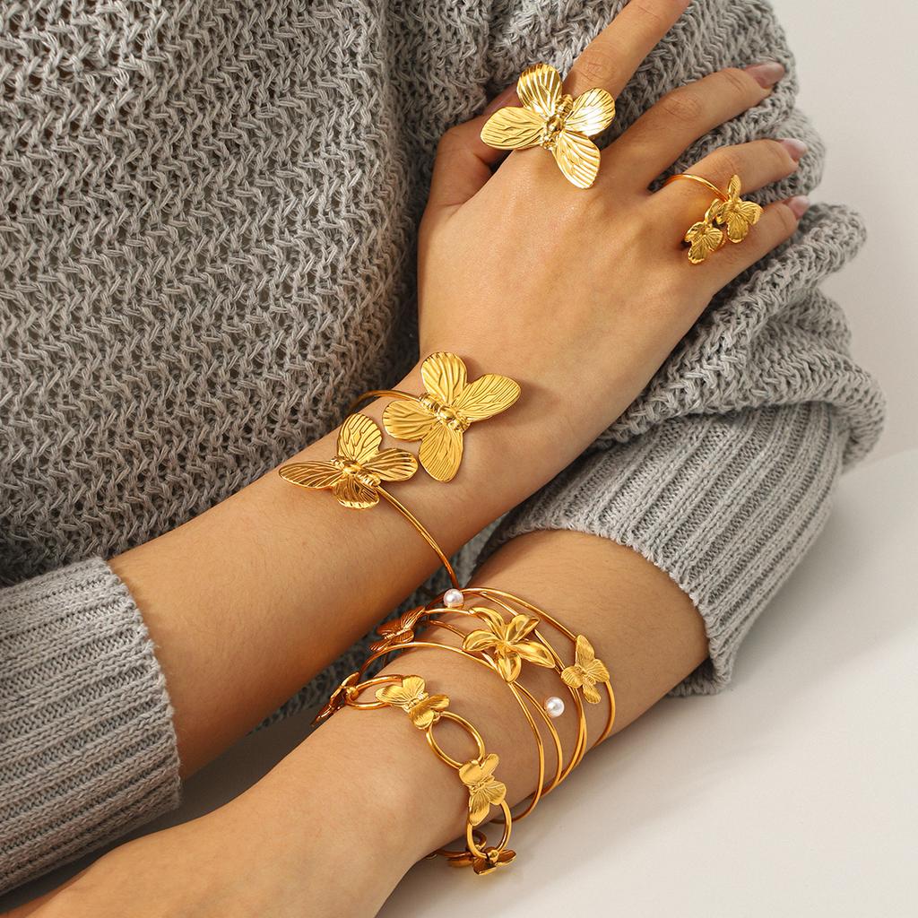 18k Gold Stainless Steel Butterfly Open Bangle Non-fading Titanium Steel Flower Open Ring for Women