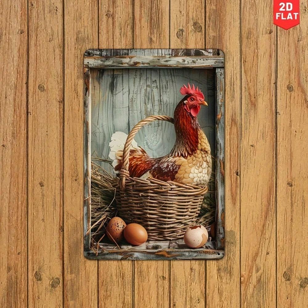Metal Chicken Egg Farmhouse Tin Sign Vintage Wall Art Rustic Kitchen Decor Country Living Retro Plaque