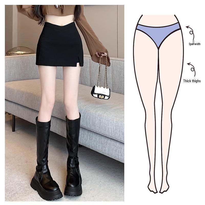 Spring/Summer 2024 Black A-line High Waist Stretch Slimming Midi Skirt with Slit - Hot Girl Edition