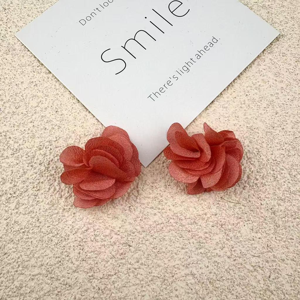 Handmade Chiffon Camellia Flower Earrings - 3cm Fabric Accessories