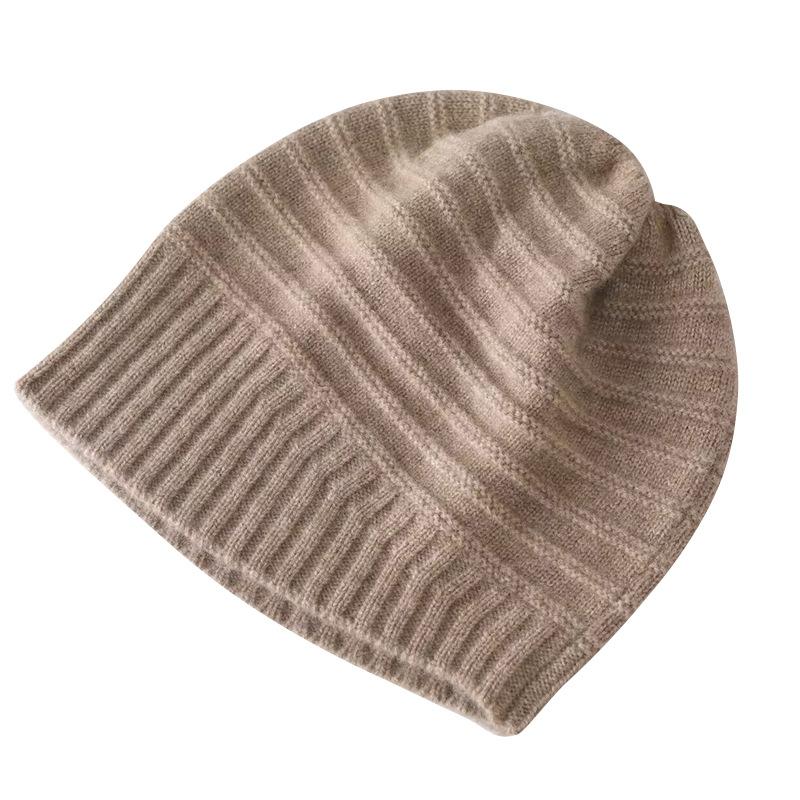Women's Pure Wool Knit Beanie Hat Winter Warm Striped Pattern Soft Cozy Thickened Cap Headwear for Cold Weather Hiking