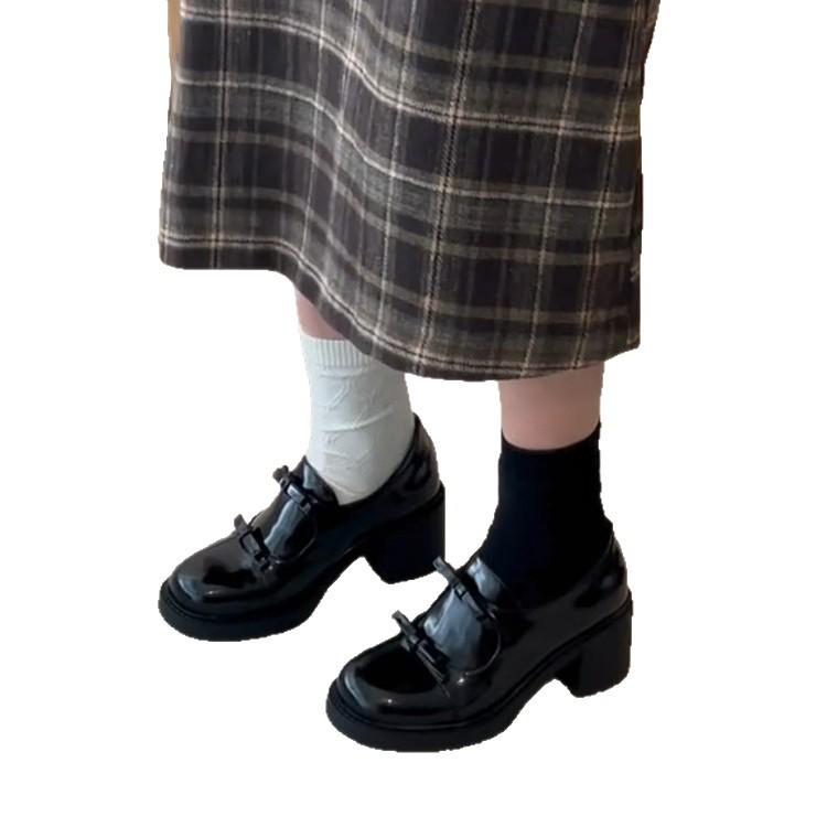 Sheepskin version~ Versatile round head British style loafers, deep mouth one pedal bow, leather thick heel small leather shoes for women