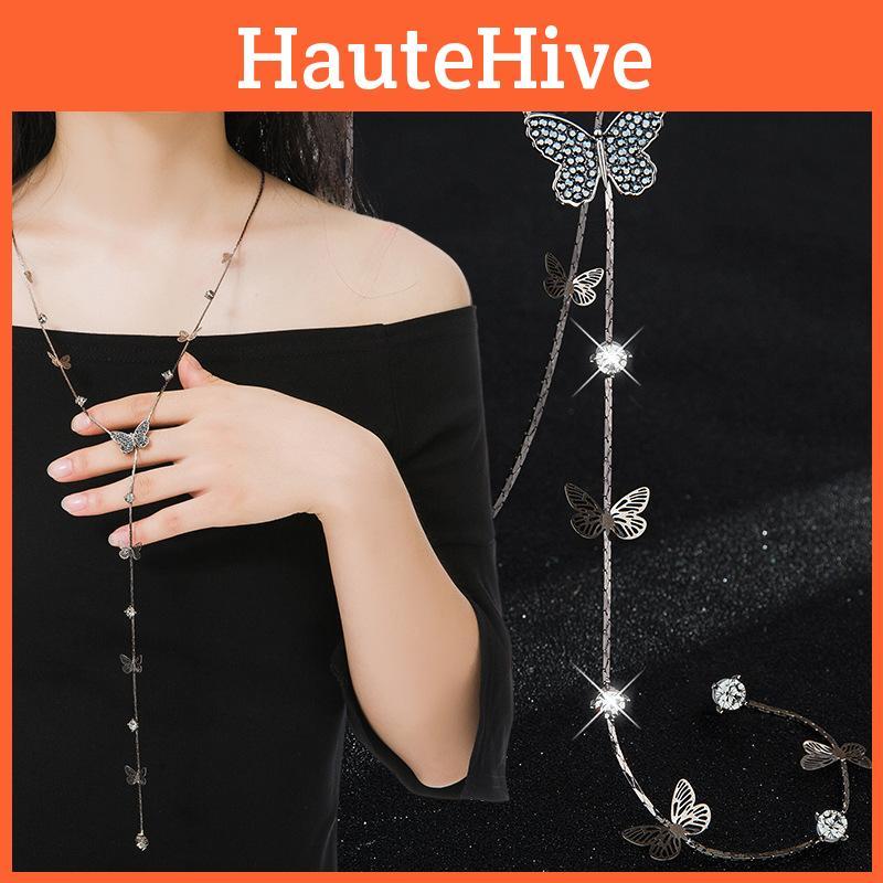 Fashionable Long Rhinestone Butterfly Sweater Chain Necklace For Women Accessories