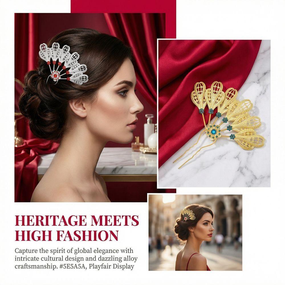 Crystal Rhinestone Flower Hairpin Metal Ethnic Headdress Jewelry Thai Style Leaf Hair Stick  Party