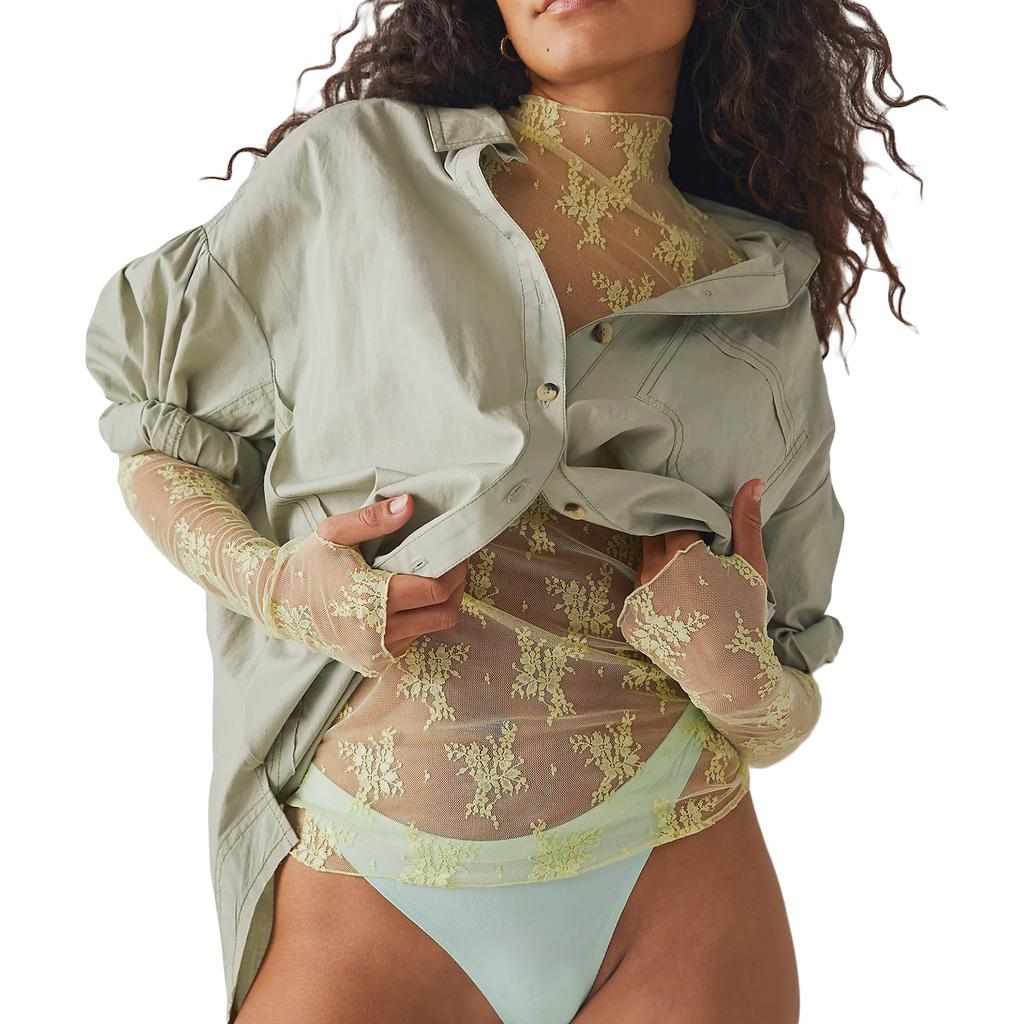 Women Long Sleeve T-Shirts Mesh See-Through Mock Neck Lace Shirts Spring Fall Slim Fit Tops Streetwear