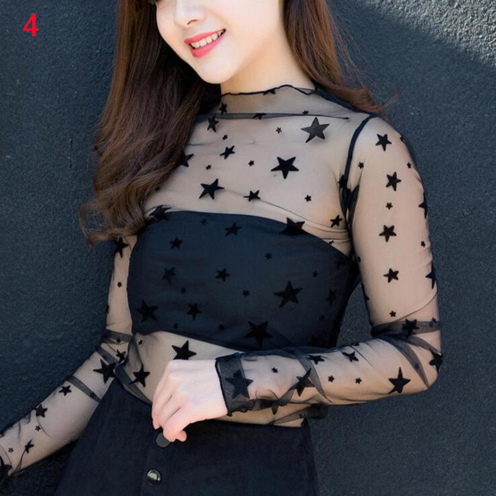 Black Sexy Women's T-shirt Fishnet Sheer Transparent Top Women Long Sleeve Bottoming Shirts Lace Mesh Tees Summer Sunscreen Tops