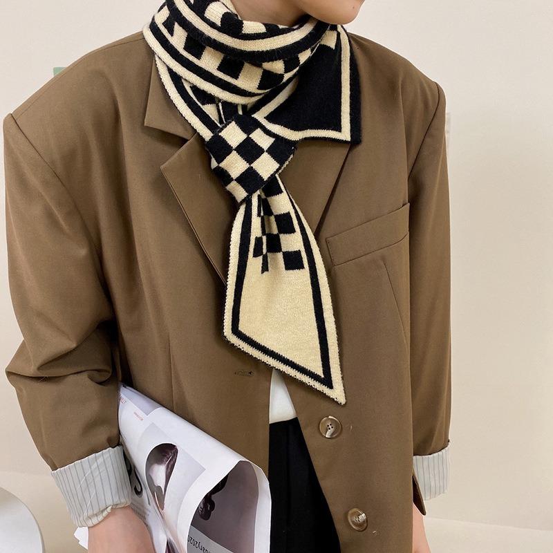 New knitted small scarf women's wool scarf autumn and winter small ears letter camellia narrow scarf