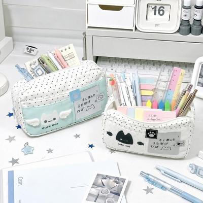 Polka Dot Stationery Organizer Large Capacity Pen Bag Practical Cat Pattern Pencil Case  Girls Use