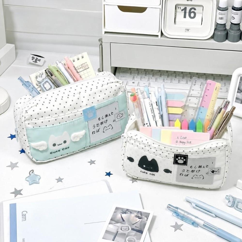 New Large Capacity Cat Pattern Pencil Case Polka Dot Multi-Layer Stationery Organizer Cartoon Zipper Pen Bag Daily