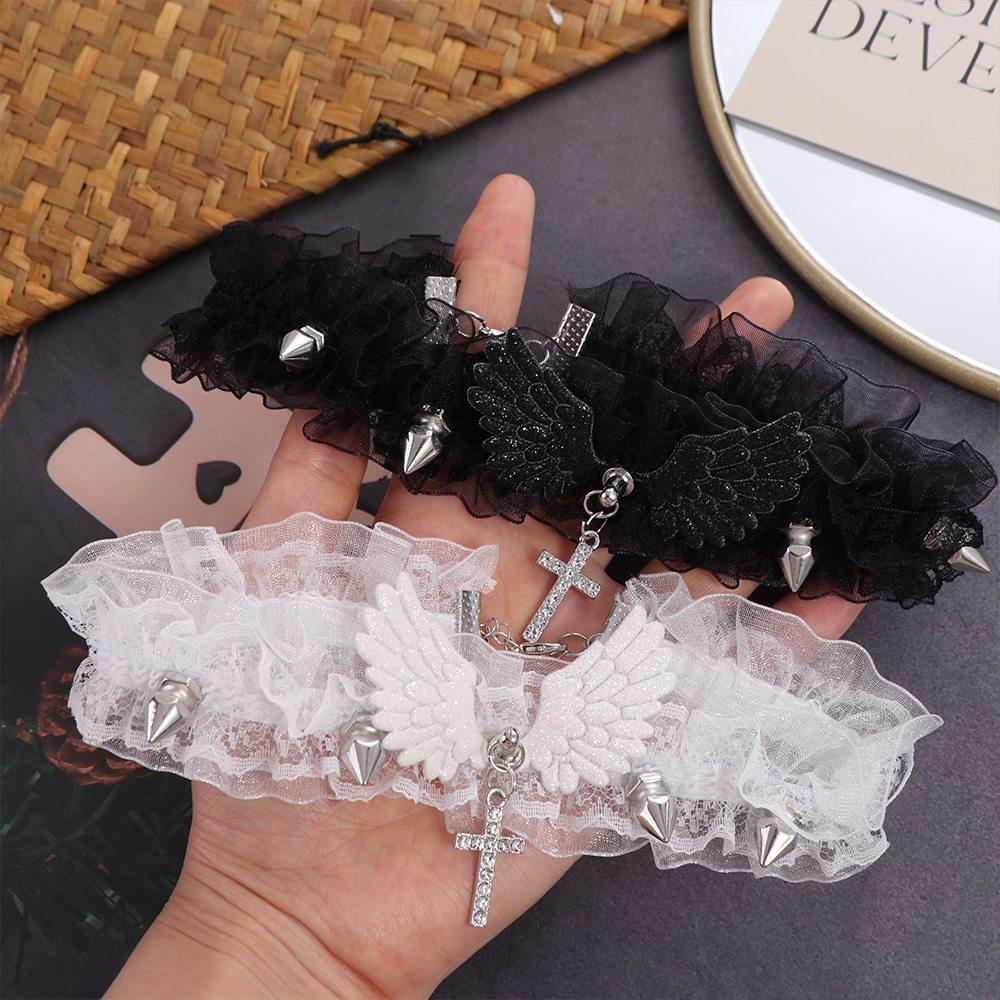 Angel Wings Lace Choker Solid Color Leather Necklace Lolita Women's Necklace Gift