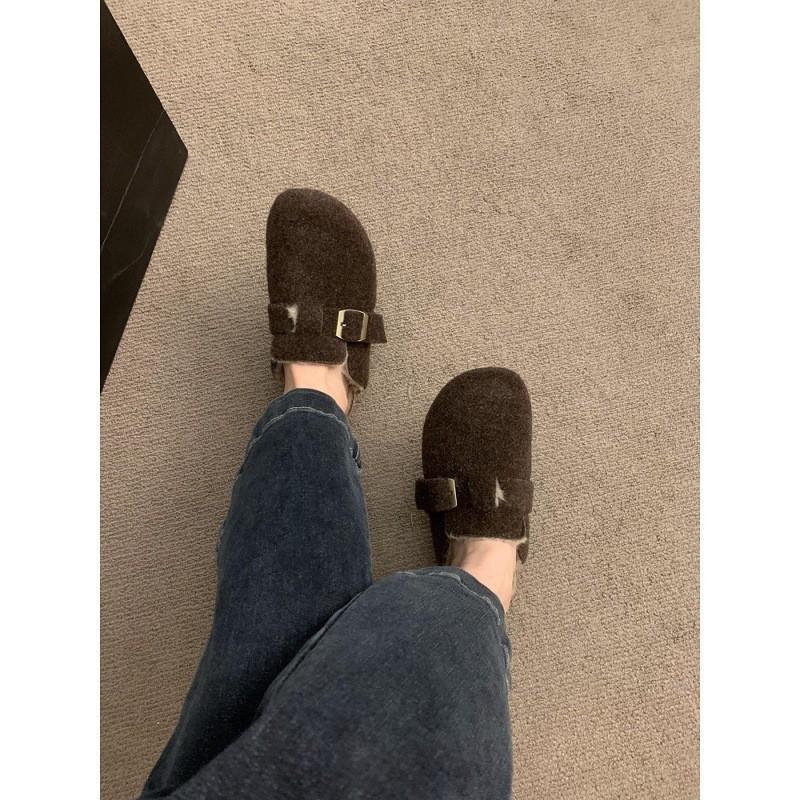 thick-soled velvet half-tow Birkenstocks, fluffy shoes, warm slippers outside shoes, cotton shoes, loafers, single shoes