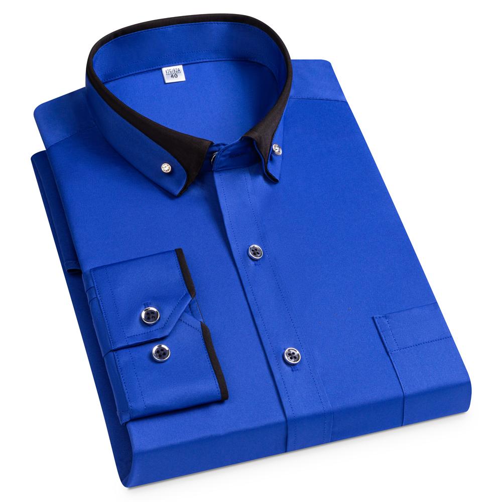 Men's Diamond Buttons & Contrast Collar Dress Shirt with Chest Pocket Long Sleeve Stretch Smooth Wrinkle-Free Easy Care Shirts