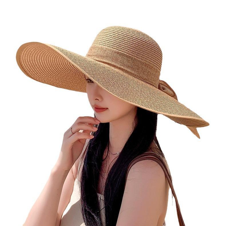 Straw Braid Ruffle Bow Beach Hat - Large Brim, Fairy Style, Dome for Large Head Circumference