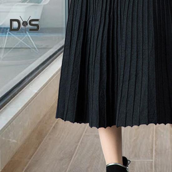 Women Pleated Skirt Elastic High Waist A-Line Midi Skirt Solid Color Mid-calf Length Skirt Thickened Commuting Style Skirt