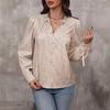 Ladies Autumn Winter Bandage Stand Collar Long Sleeve Striped Shirt Top