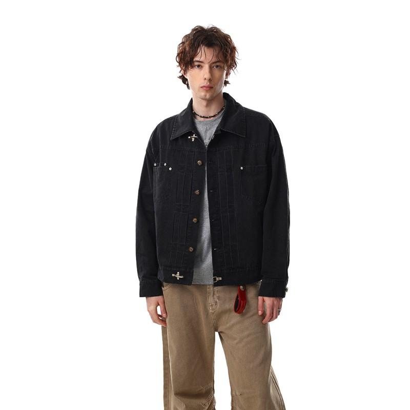 Mens Vintage Washed Denim Jacket With Snap Buttons Loose Fit Workwear Style Fall Casual Wear