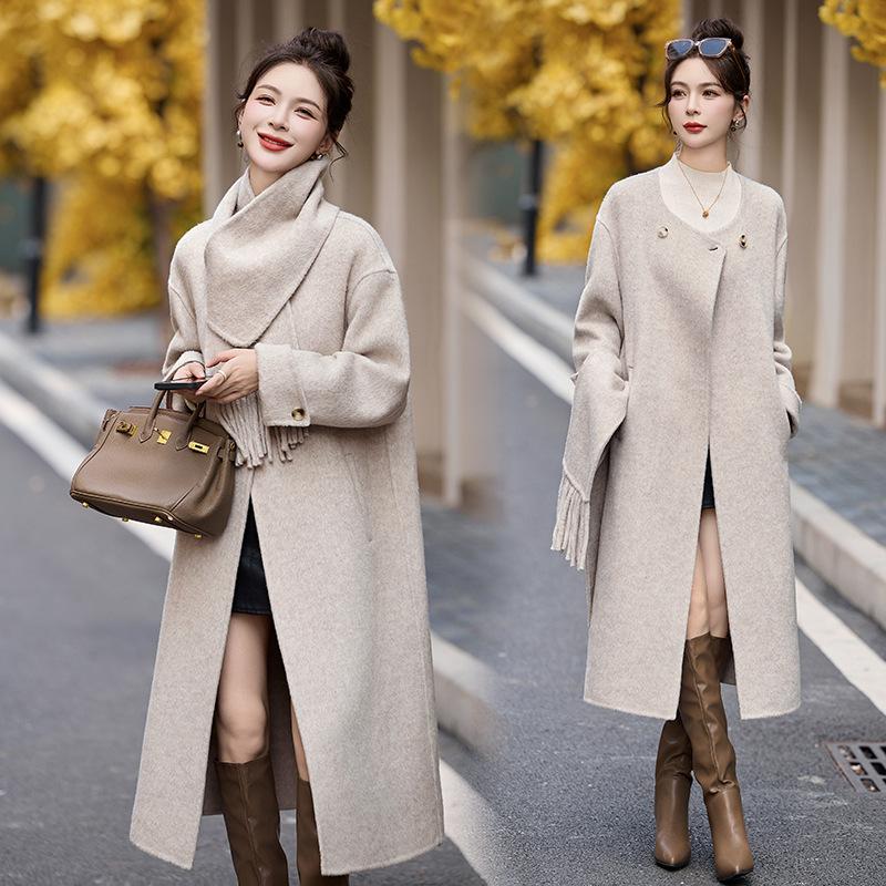 Autumn and Winter New Fashion Fringed Scarf Double-sided Wool Coat Women's Long Temperament Wool Coat