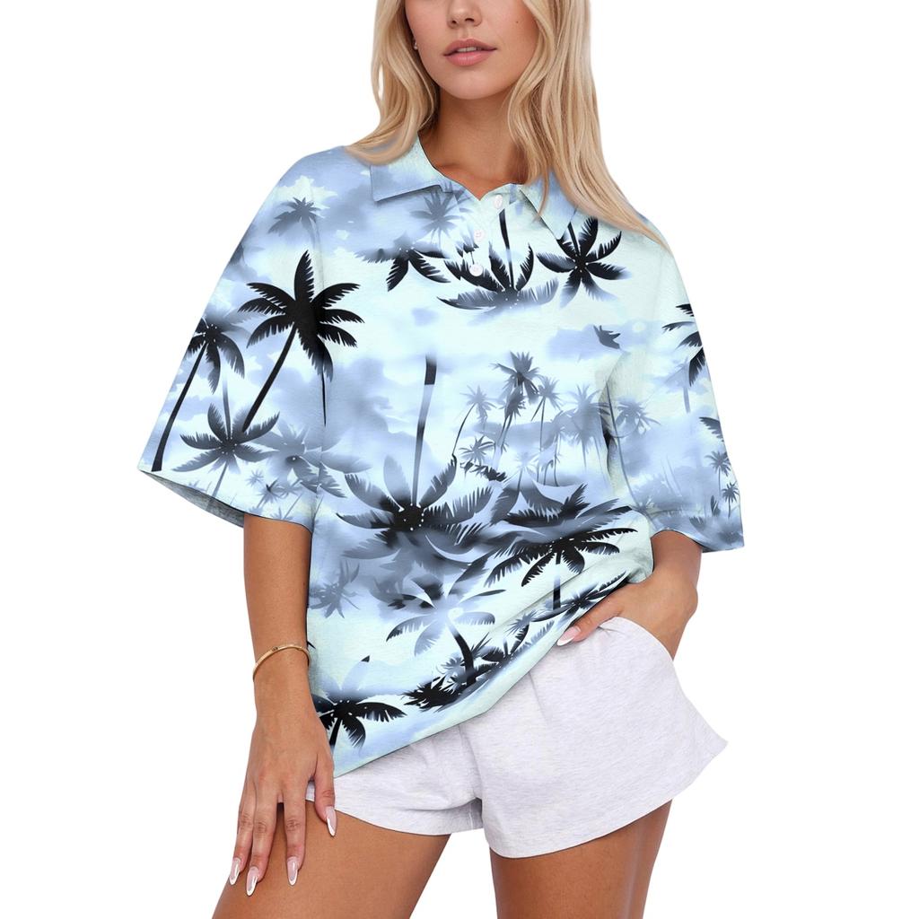 Women’s Fashion Casual Polo Collar Loose Fit Top Short Sleeve Floral Print Blouse Relaxed Lapel Shirt for Daily Wear