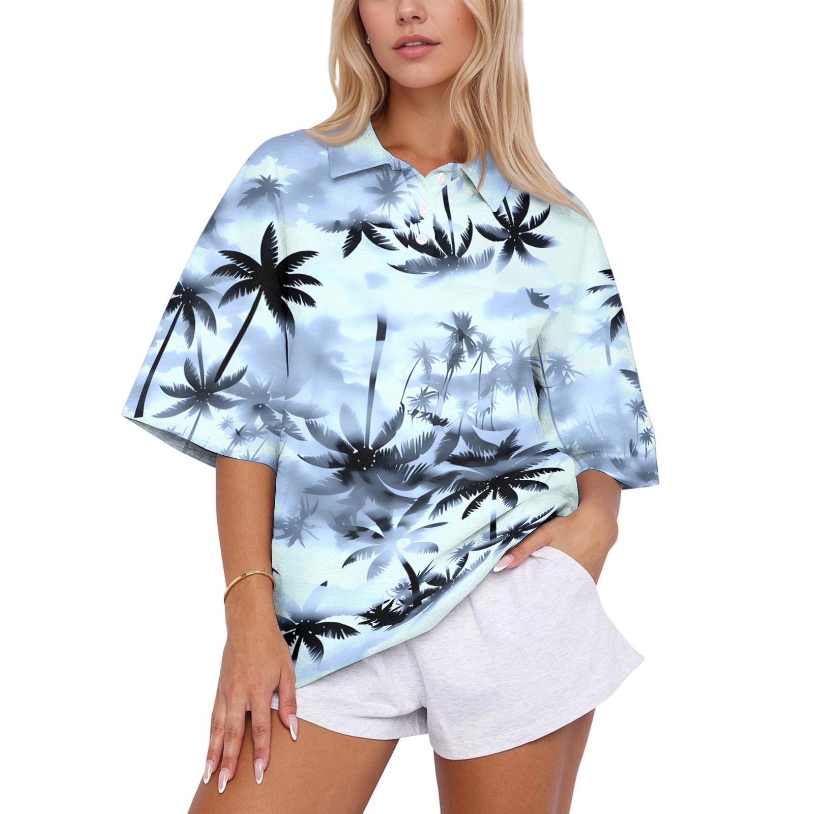 

Women’s Fashion Casual Polo Collar Loose Fit Top Short Sleeve Floral Print Blouse Relaxed Lapel Shirt for Daily Wear L чёрный