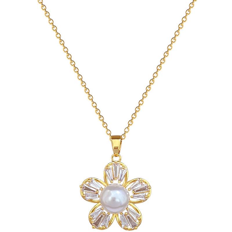 Necklace Earrings Set Light Luxury Full Diamond Five-Leaf Flower Pearl Personality Temperament Banquet Earrings Necklace Group