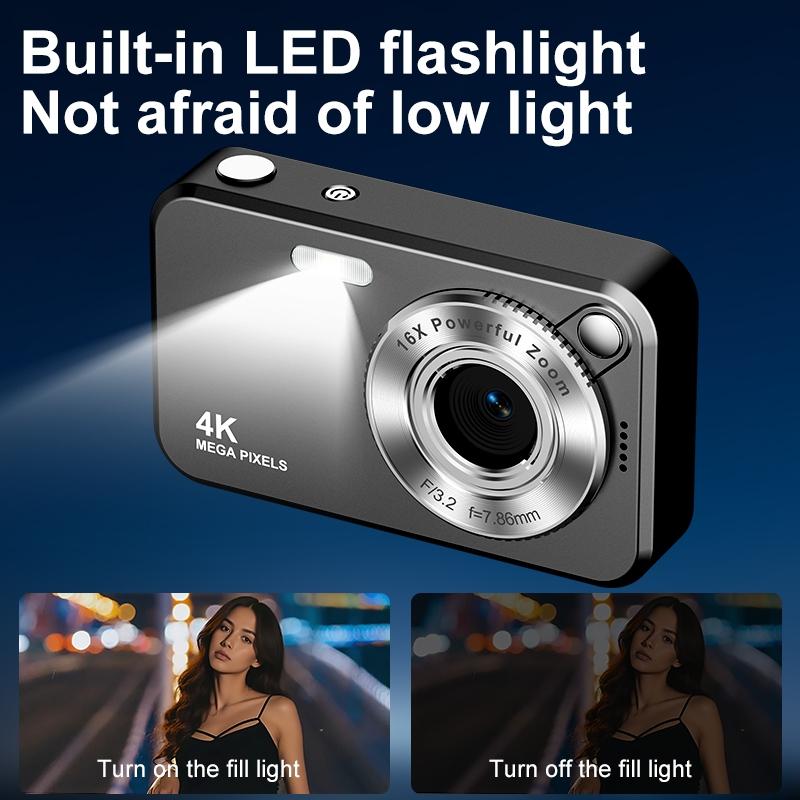 4K 64MP CCD Digital Camera 2.4" Screen 16X Zoom Compact Retro Camera with LED Flash Autofocus Portable Vlogging Camera for Campus/Travel/selfie