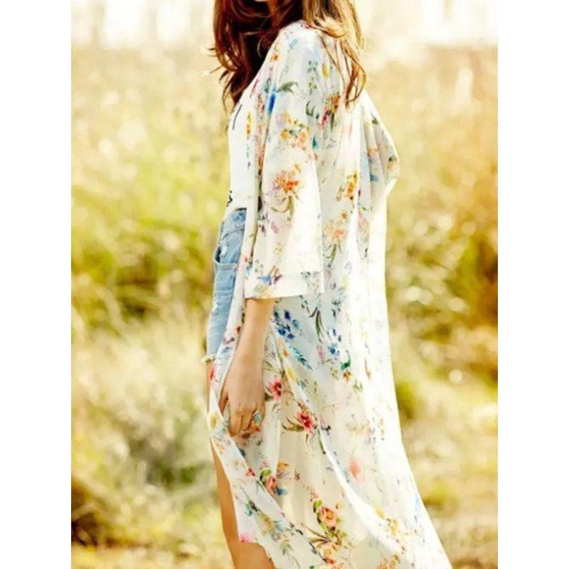 Plus Size Sweet Small Floral Print Half Sleeve Seaside Sun Protection Clothing