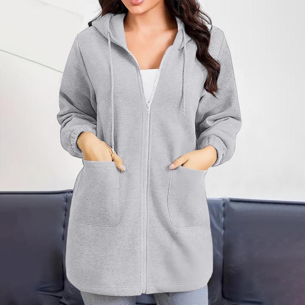2025 Women's European & American Casual Hooded Long Jacket with Zip Pockets