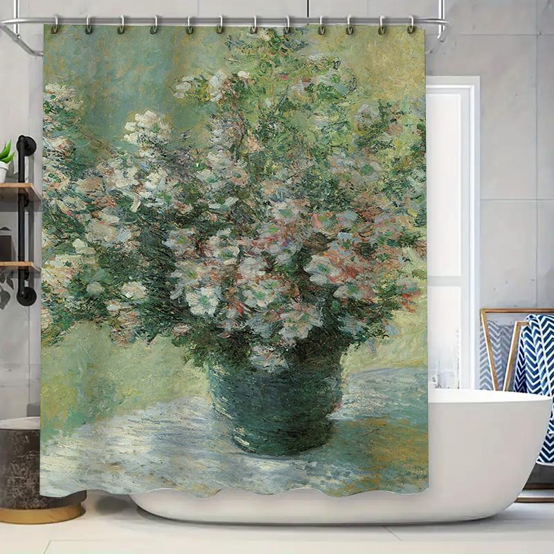 

Waterproof Shower Curtains Hand-Painted Floral Design For Bathroom Decoration, Green White Color Scheme W60H190(CM)-1 Pcs