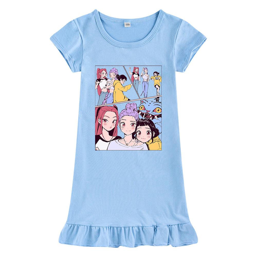 M1238 Kids Girls Kpop Rumi Zoey Mira Print Short Sleeves Ruffle Dress