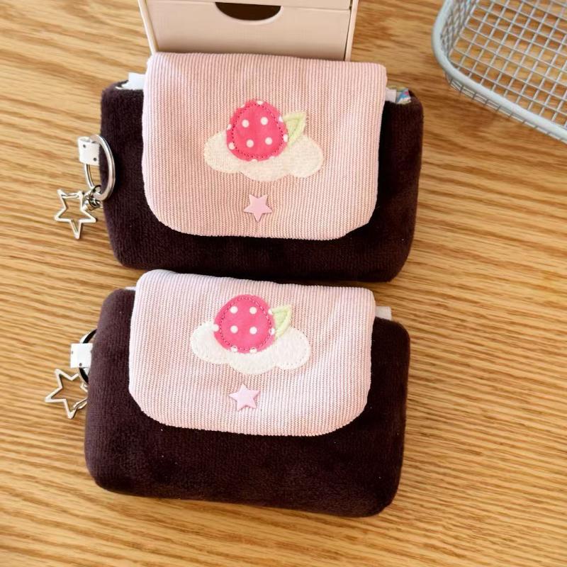 Kawaii Cartoon Strawberry Coin Purse Double Layer Durable Fabric Card Holder Mini Bag for Kids Party Favors