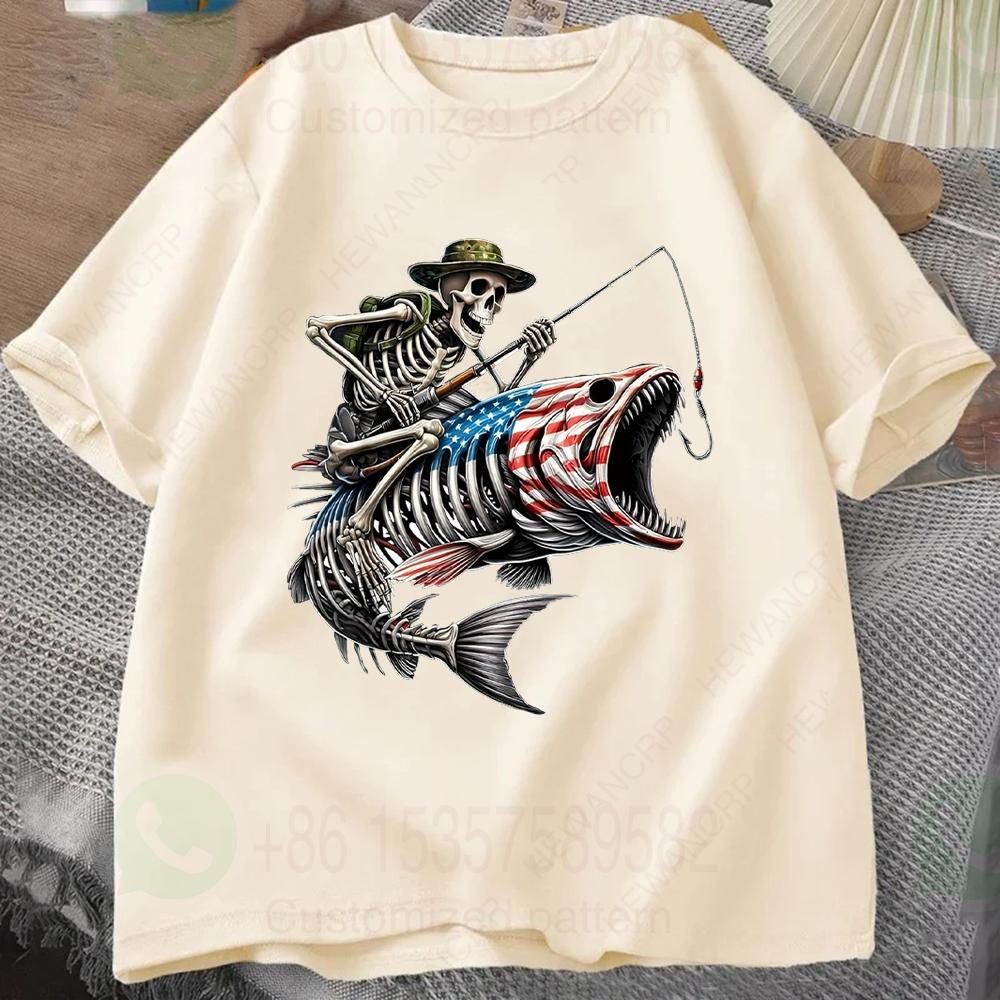Skull Skeleton Fisherunisex Graphic Print Unisexs Cotton Tshirt Oneckshort Sleeve Tee Tops Vintage Tshirt Casual Tshirts Oversized