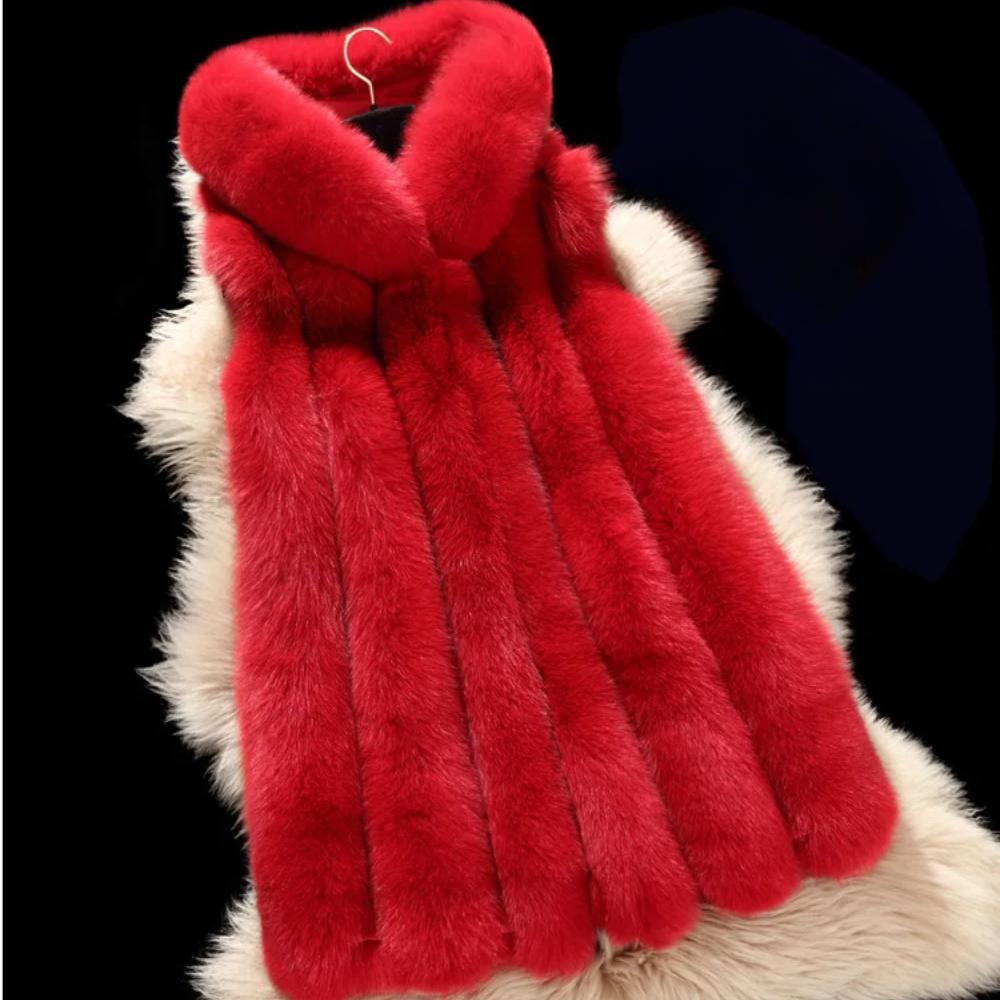 S-4XL Winter Warm Striped Faux Fox Fur Thick Overcoat Women Casual Long Vest Female Open Stitch Cardigan With Hat Slim Coat