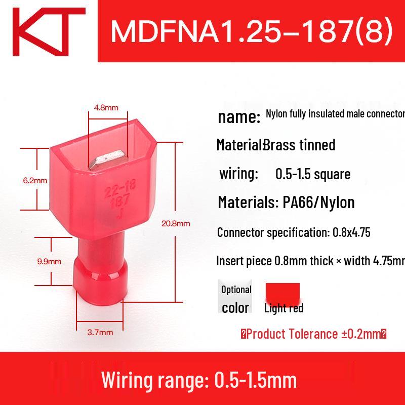 KT Nylon Male Fully Insulated Blade Terminal MDFN/A1.25/2/5.5-250 Cold Crimp Connector